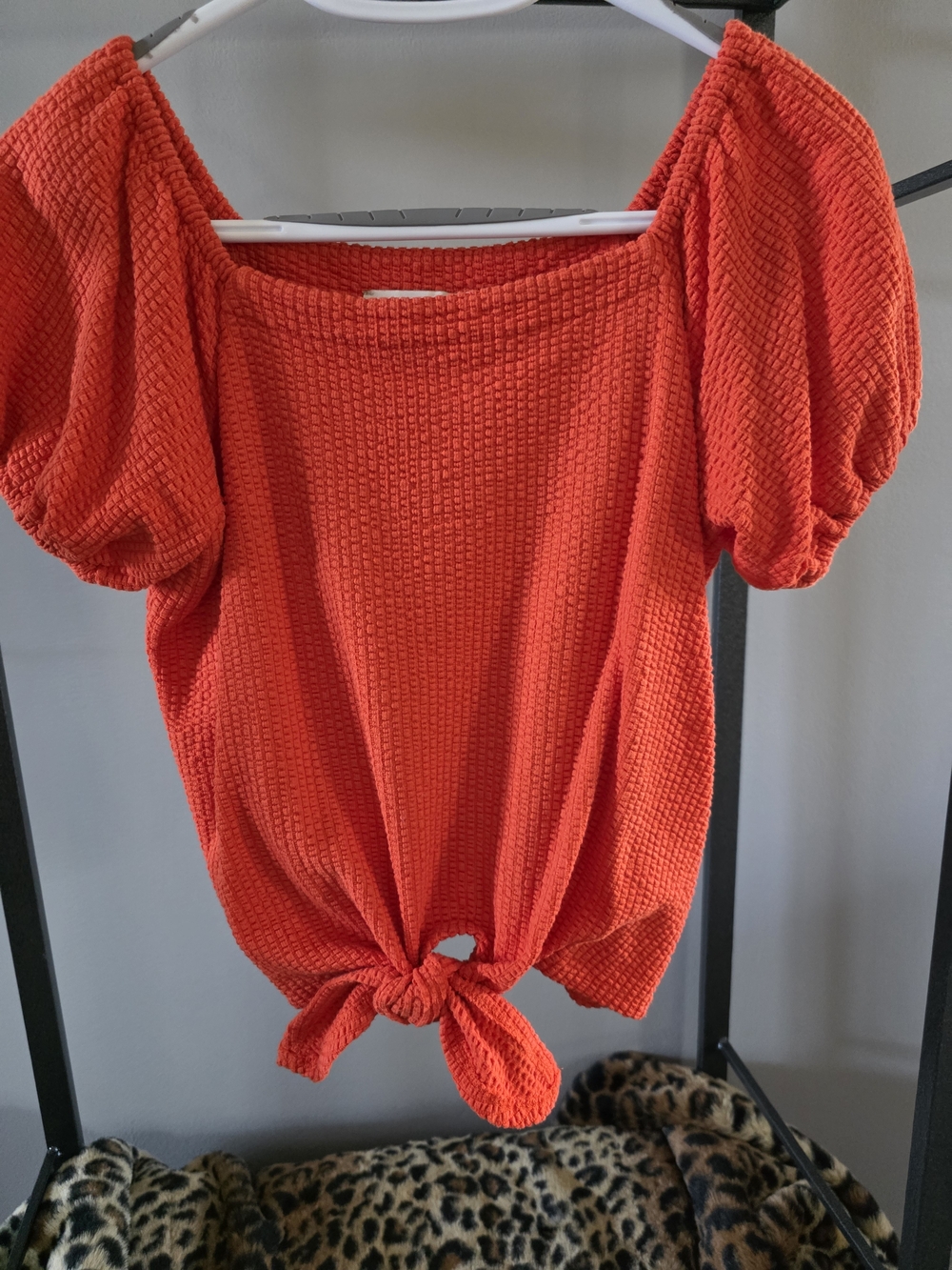 LOFT Bright Orange Textured Puff-Sleeve Tie-Front Crop Top